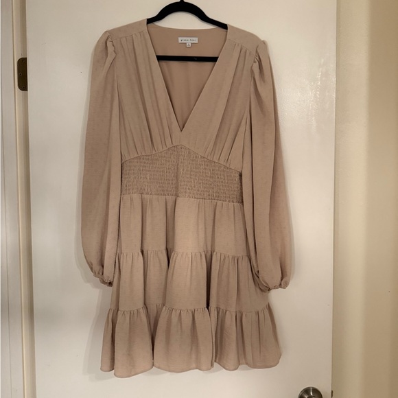 Gianni Bini Talia Beige Long Sleeve Smocked Waist Tiered Hem Dress - Picture 2 of 4